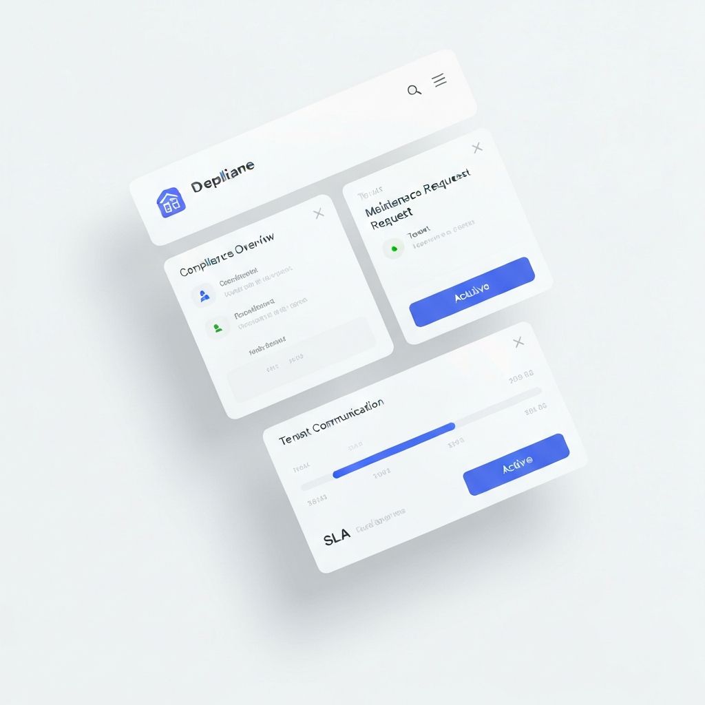 DwellBridge dashboard showing maintenance progress, compliance status, and tenant updates